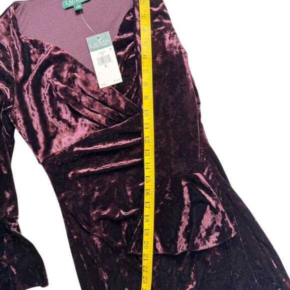 NEW Lauren Ralph Lauren 0 Crushed Velvet Ruched Bell Sleeve Party Dress Purple - Picture 6 of 7